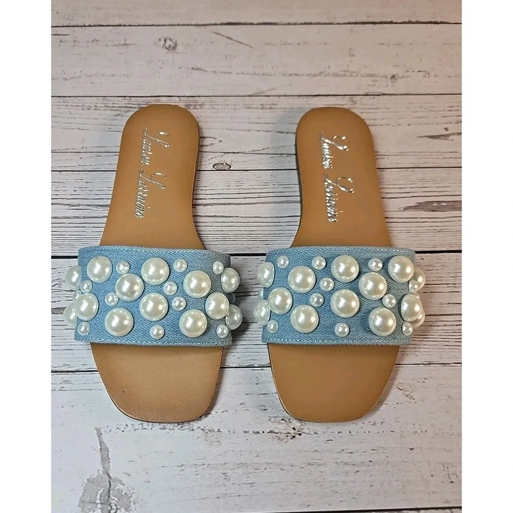 Lauren Lorraine Nilo‎ Pearl Blue Denim Slides Size 6 *New*